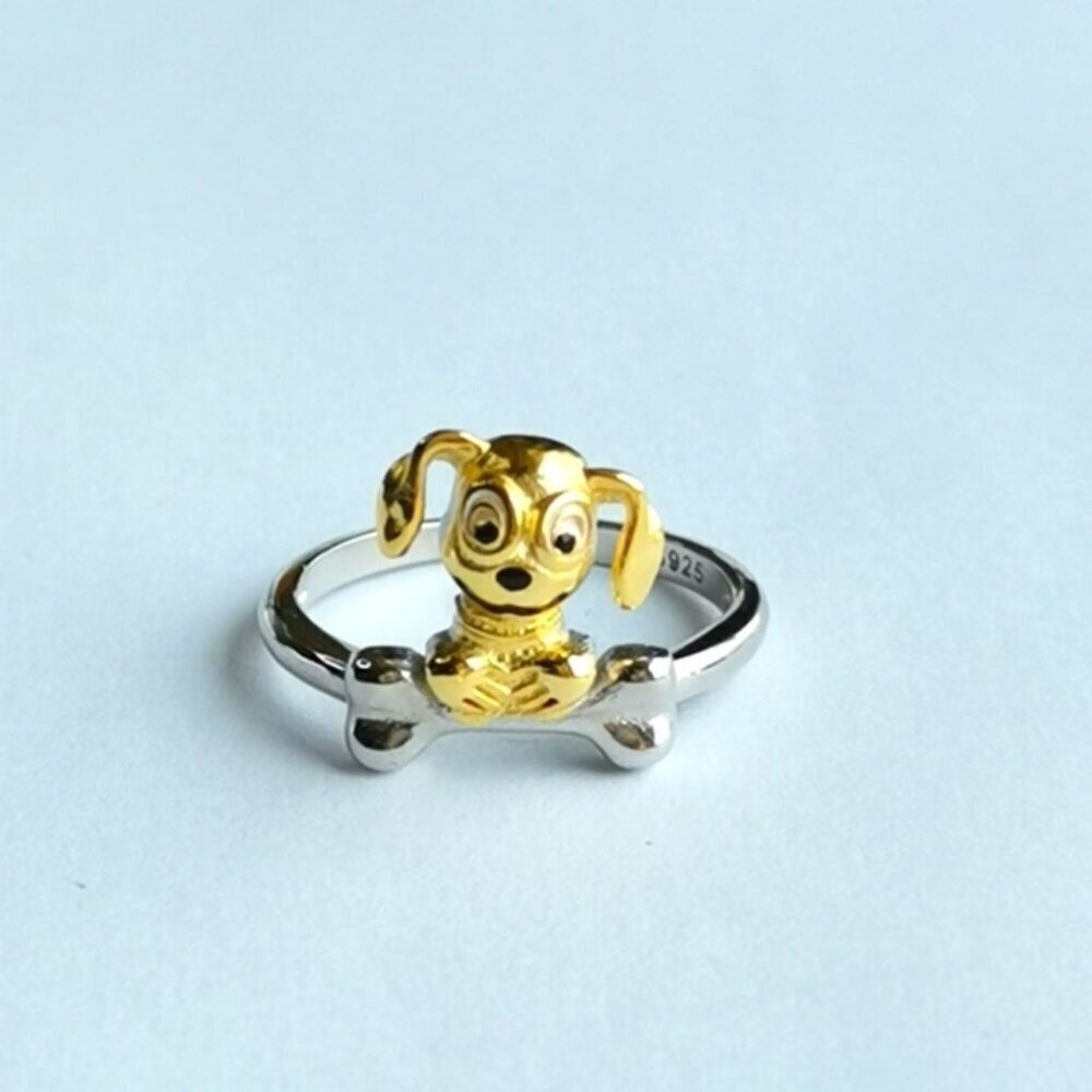 Happy Dog with Bone ring size 6 Sterling Silver with 14k gold overlay